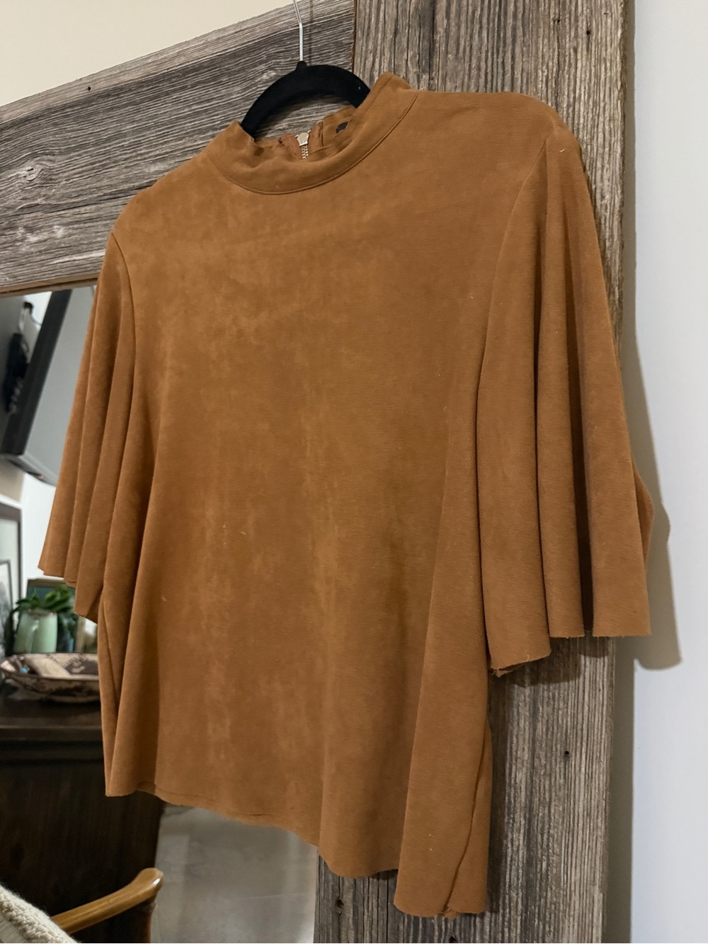 Womens Brown Flutter Sleeve Suede Mock Neck Top